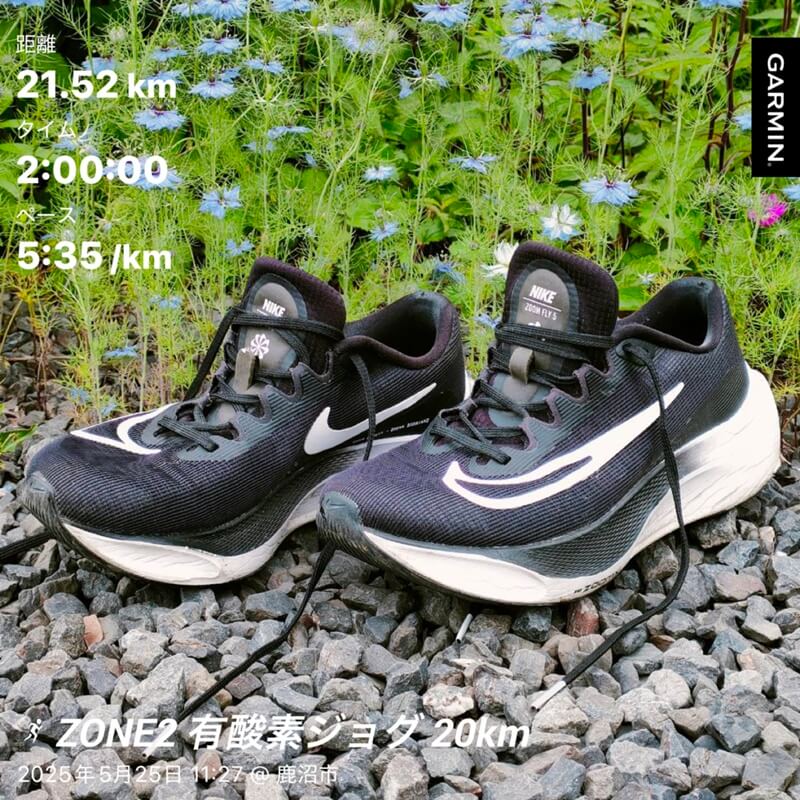 花壇を背景に並べたNIKE Zoom Fly 5の左右シューズ