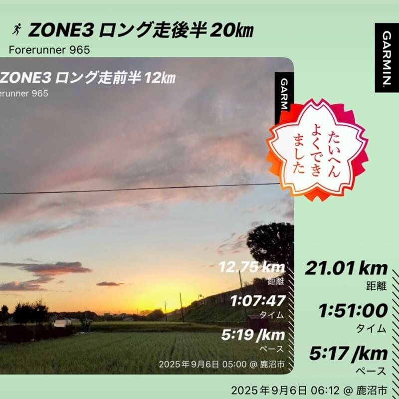 朝焼けの田んぼ道を走るランナー