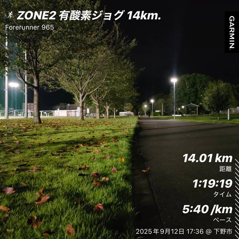9月12日の夜ラン。ペガサス41(白)で有酸素ジョグ14.01km