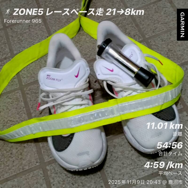 夜の玄関先で待機するズームフライ6と反射ベルト&ライト