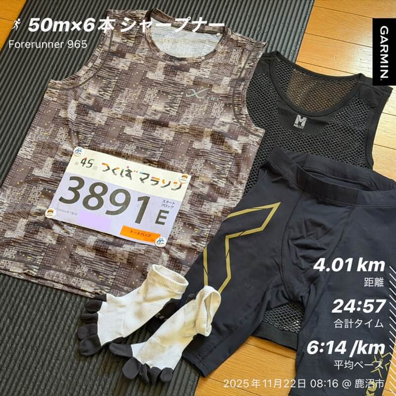 つくばマラソン前日に用意したウェア一式とゼッケン