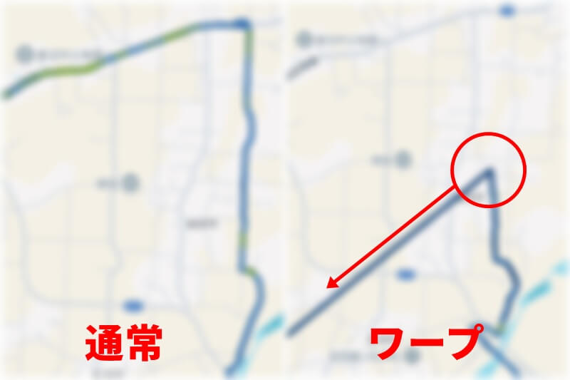 Garminのルートマップで発生したGPSワープの比較画像
