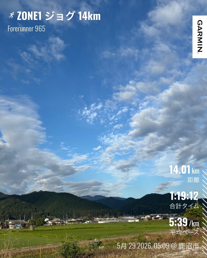 5月29日 ZONE1ジョグ14kmのGarmin記録