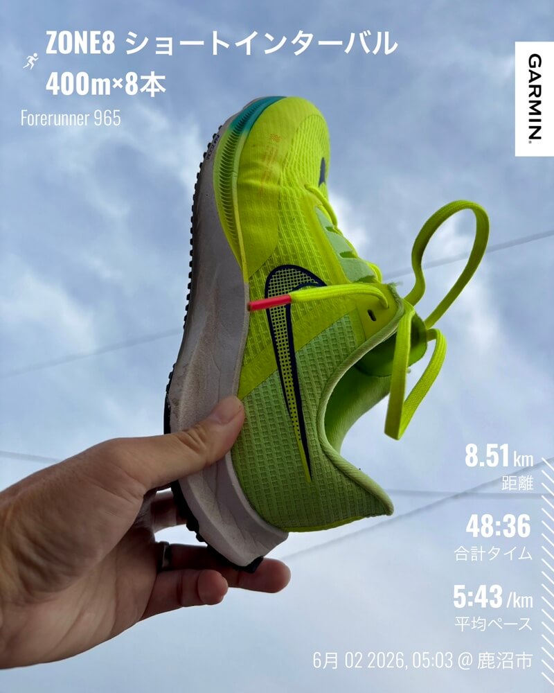 6月2日 ZONE8ショートインターバル400m×8本 Garmin記録