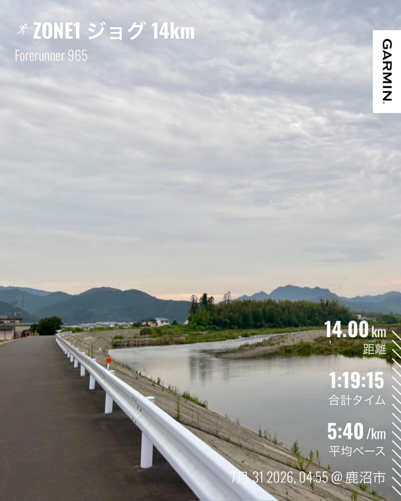曇り空の河川沿いを走った7月31日の朝ラン