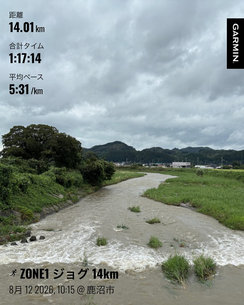 8月12日のZONE1ジョグ14kmのGarmin記録