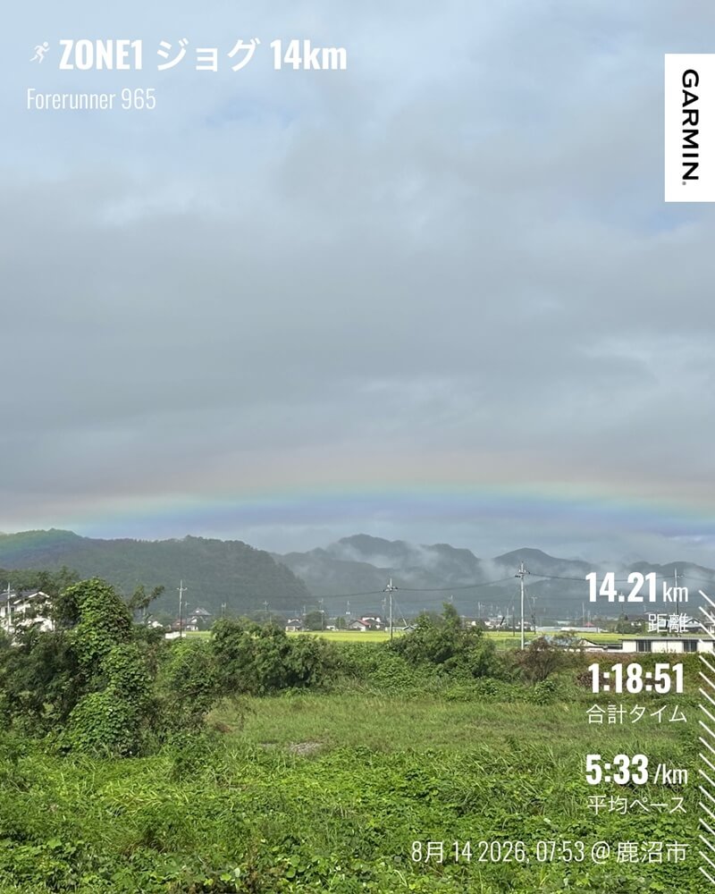 8月14日のZONE1ジョグ中に現れた虹とGarmin記録