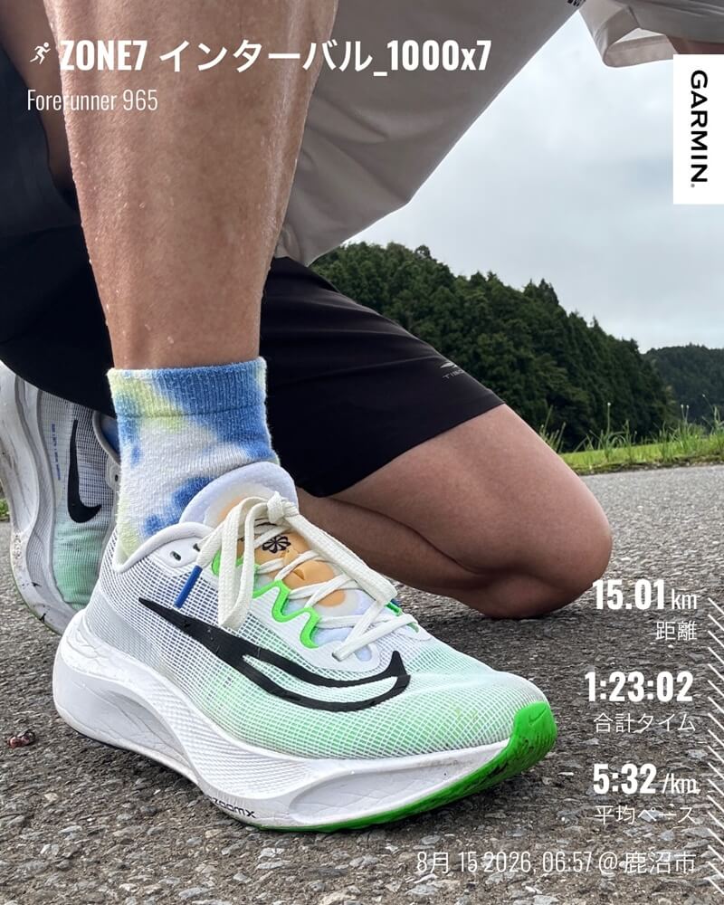 8月15日のZONE7インターバル1000m×7本のGarmin記録