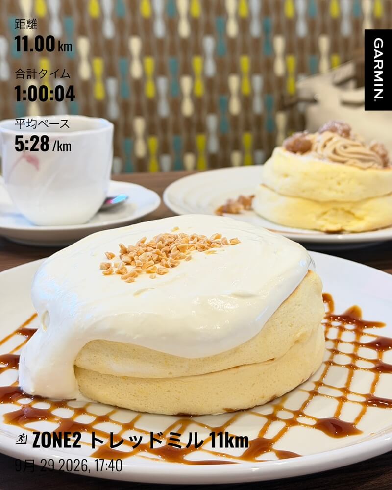 クリームがかかったパンケーキとコーヒー