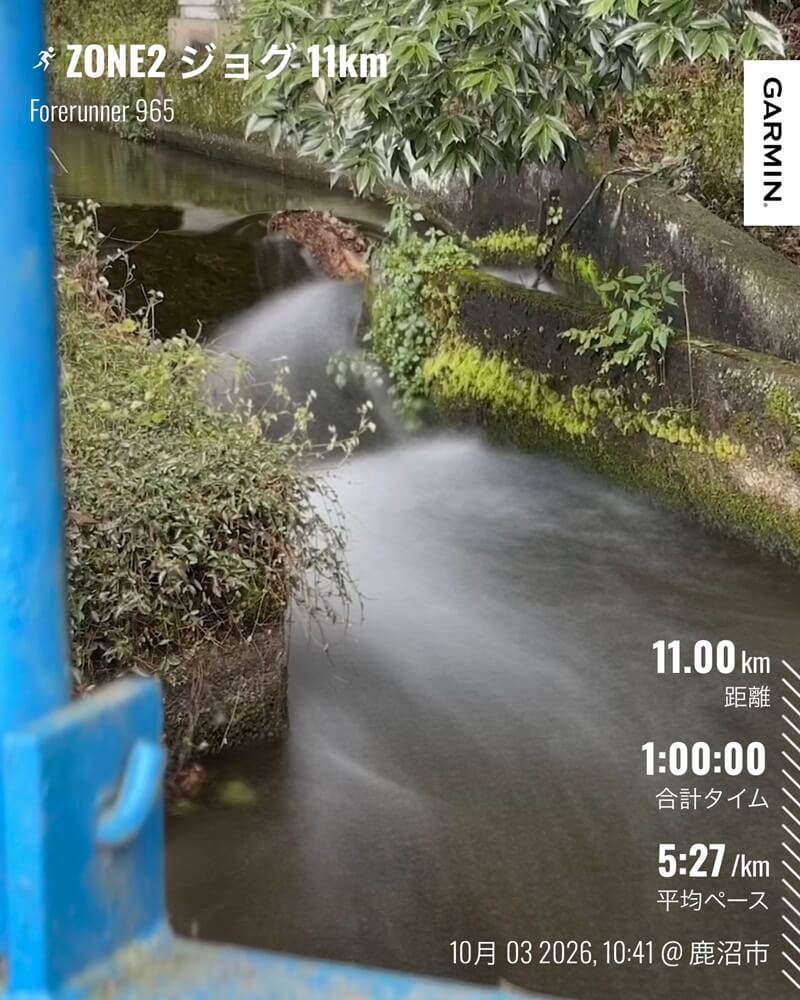 水路を流れる水とZONE2ジョグ11kmの記録