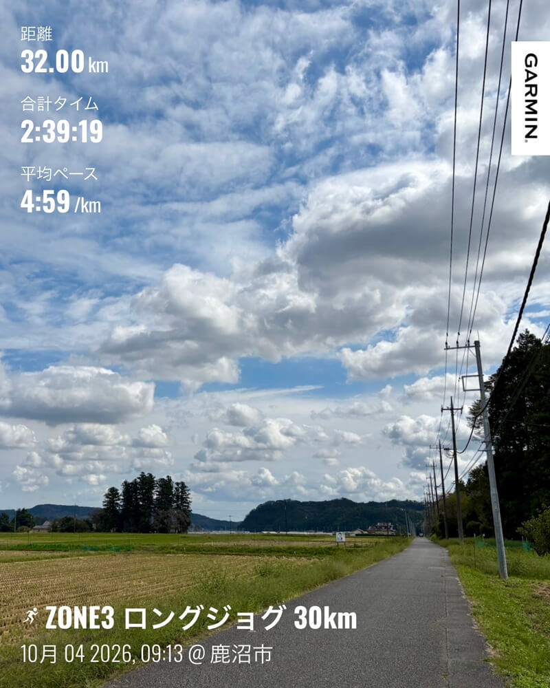 秋の空と田園の中を延びる道、ロングジョグの全体記録